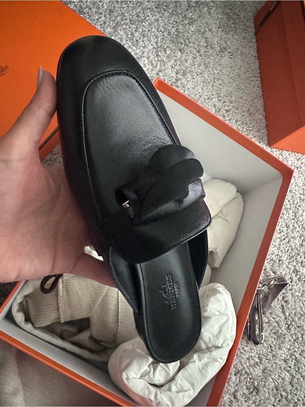 Brand New! Hermes Oz Black Leather Mules size 37.5 FR 7.5 US